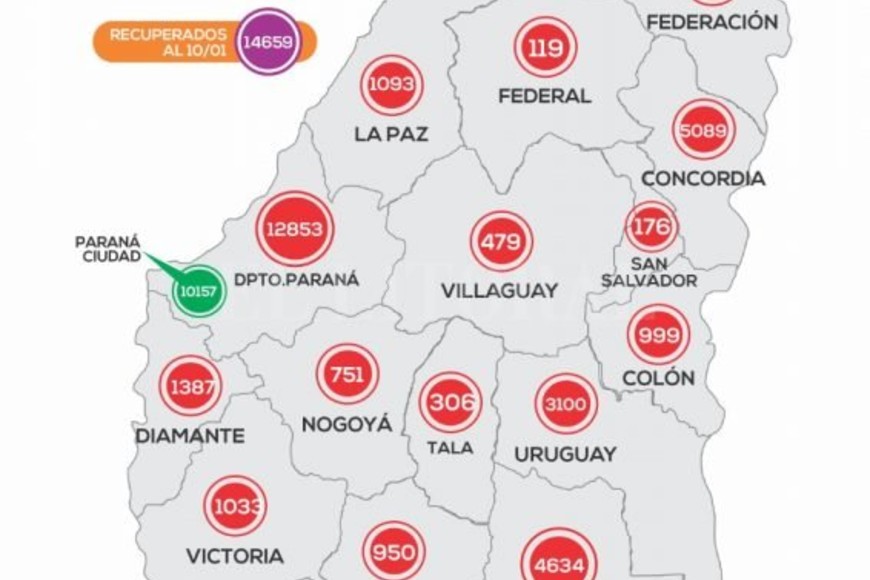 ELLITORAL_349176 |  Gentileza Casos por Departamentos de la Provincia de Entre Ríos.