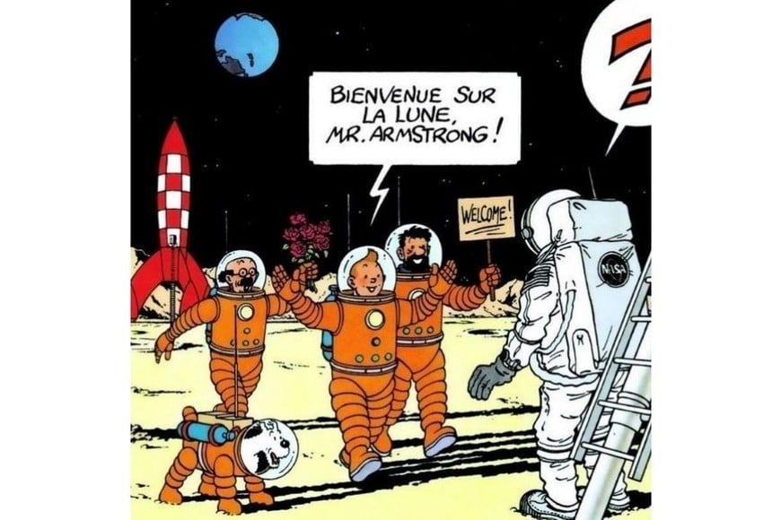 ELLITORAL_391007 |  Archivo En 1969 Hergé publicó un dibujo de Tintín y sus amigos dándoles la bienvenida a Neil Armstrong y Edwin Aldrin en la superficie de la Luna. Ponía así punto final a la aventura imaginada casi veinte años antes.