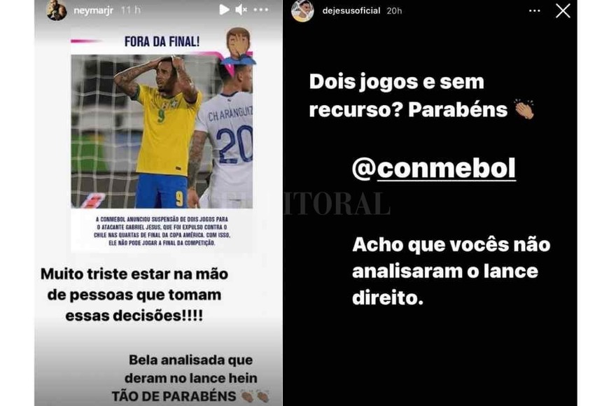 ELLITORAL_388633 |  Gentileza @neymarjr @dejesusoficial Las reacciones de Neymar y Gabriel Jesús en las redes sociales, tras saber la sanción de Conmebol