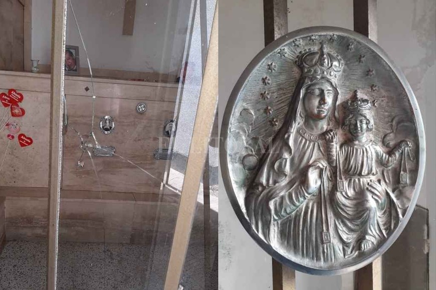 ELLITORAL_435949 |  Gentileza La puerta destrozada del panteón saqueado y la pesada pieza de bronce con la imagen de la Virgen del Carmen que fue robada.