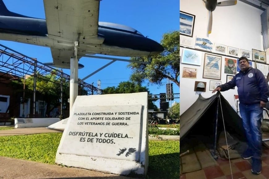 ELLITORAL_449343 |  El Litoral A la izquierda, la entrada del Centro; a la derecha, Oscar Ojeda posa junto a una carpa como las que utilizaban para pasar las frías noches de Malvinas.