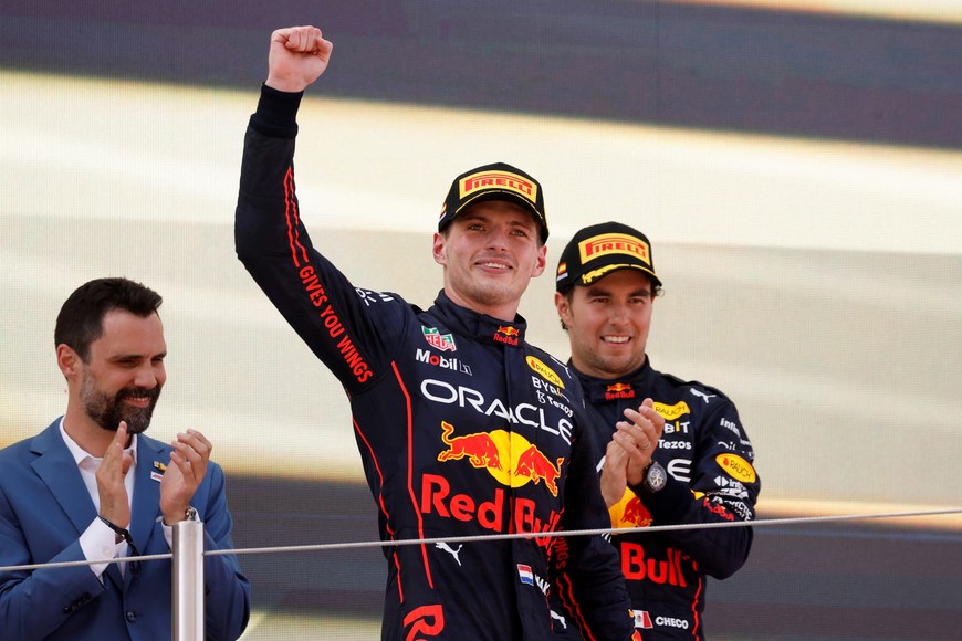 Formula One F1 - Spanish Grand Prix - Circuit de Barcelona-Catalunya, Barcelona, Spain - May 22, 2022
First placed Max Verstappen of Red Bull and second placed Sergio Perez of Red Bull celebrate on the podium after the race REUTERS/Albert Gea