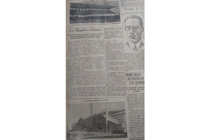 Así reflejó El Litoral, en mayo de 1931, la inauguración del estadio de Atlético Gimnasia y Esgrima con su monumental tribuna.