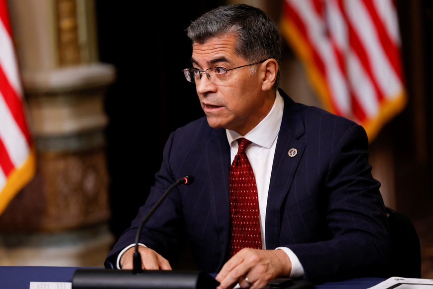 U.S. Secretary of Health and Human Services Xavier Becerra attends a virtual event on securing access to reproductive and other health care services at the first meeting of the interagency Task Force on Reproductive Healthcare Access in the Indian Treaty Room in the Eisenhower Executive Office Building in Washington, U.S., August 3, 2022. REUTERS/Evelyn Hockstein