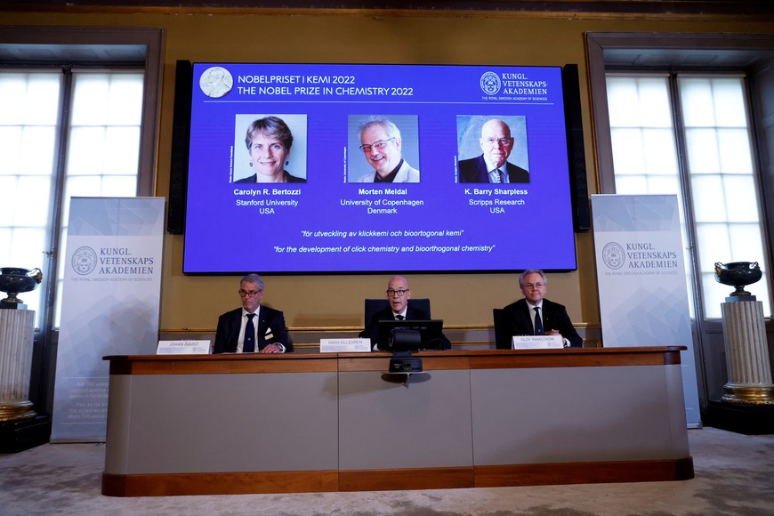 Jonas Aqvist, Chairman of the Nobel Committee for Chemistry, Hans Ellegren, Secretary General of the Royal Swedish Academy of Sciences and Olof Ramstrom, member of the Nobel Committee for Chemistry announce winners of the 2022 Nobel Prize in chemistry Caroline R. Bertozzi, Morten Meldal and K. Barry Sharpless, during a news conference at The Royal Swedish Academy of Sciences in Stockholm, Sweden, October 5, 2022.  TT News Agency/Christine Olsson via REUTERS      ATTENTION EDITORS - THIS IMAGE WAS PROVIDED BY A THIRD PARTY. SWEDEN OUT. NO COMMERCIAL OR EDITORIAL SALES IN SWEDEN.