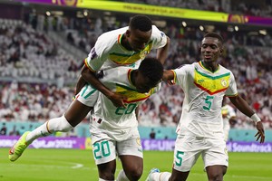 Soccer Football - FIFA World Cup Qatar 2022 - Group A - Qatar v Senegal - Al Thumama Stadium, Doha, Qatar - November 25, 2022 
Senegal's Bamba Dieng celebrates scoring their third goal with teammates REUTERS/Kai Pfaffenbach