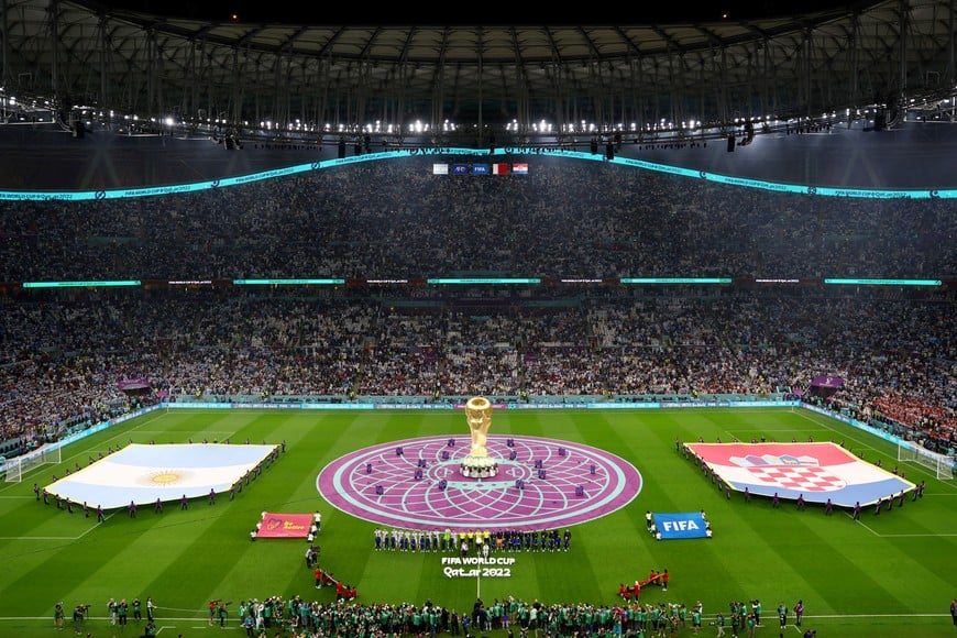 Soccer Football - FIFA World Cup Qatar 2022 - Semi Final - Argentina v Croatia - Lusail Stadium, Lusail, Qatar - December 13, 2022
General view as the teams line up during the national anthems before the match REUTERS/Hannah Mckay