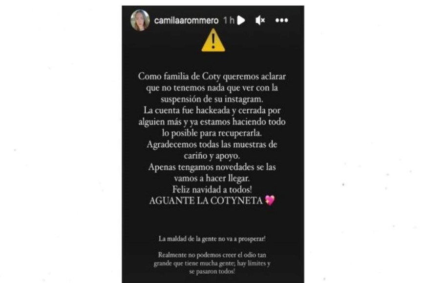 El descarto de la hermana de Constanza Romero. Crédito: Instagram (camilaarommero).