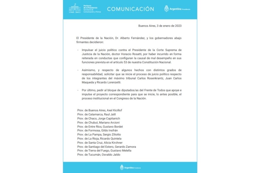 El primer documento presentado por Casa Rosada.