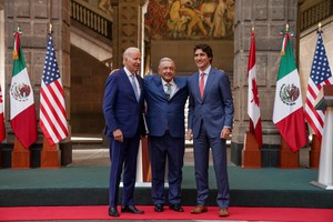 U.S. President Joe Biden, Mexican President Andres Manuel Lopez Obrador and Canadian Prime Minister Justin Trudeau arrive for a joint news conference at the conclusion of the North American Leaders' Summit in Mexico City, Mexico, January 10, 2023.  REUTERS/Kevin Lamarque