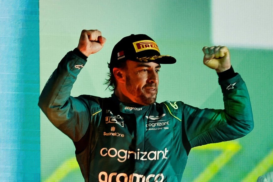 Formula One F1 - Bahrain Grand Prix - Bahrain International Circuit, Sakhir, Bahrain - March 5, 2023
Aston Martin's Fernando Alonso celebrates on the podium after finishing third place in the Bahrain Grand Prix REUTERS/Hamad I Mohammed