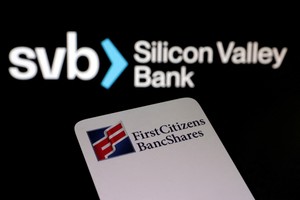 FILE PHOTO: First Citizens BancShares and SVB (Silicon Valley Bank) logos are seen in this illustration taken March 19, 2023. REUTERS/Dado Ruvic/Illustration/File Photo