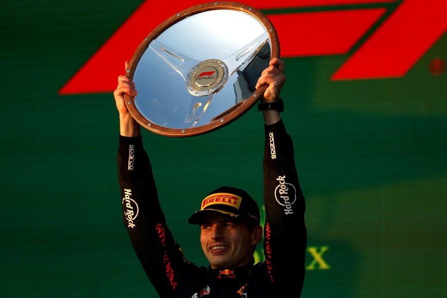 Formula One F1 - Australian Grand Prix - Melbourne Grand Prix Circuit, Melbourne, Australia - April 2, 2023
Red Bull's Max Verstappen celebrates on the podium after winning the Australian Grand Prix REUTERS/Darrian Traynor