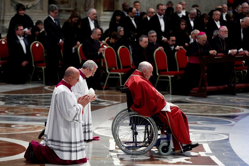 Pope Francis presides the Good Friday Passion of the Lord service in Saint Peter's Basilica at the Vatican, April 7, 2023. REUTERS/Guglielmo Mangiapane