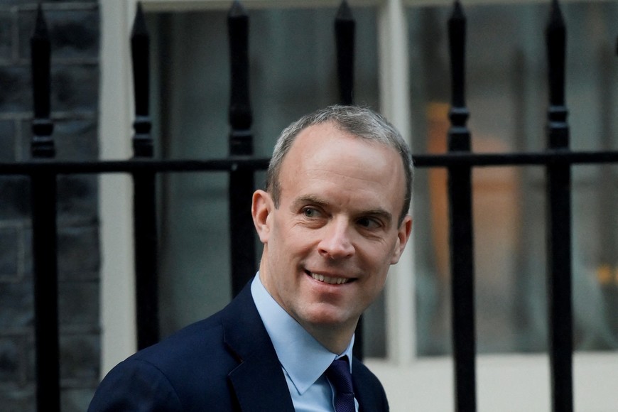 FILE PHOTO: British Deputy Prime Minister and Justice Secretary Dominic Raab reacts outside Number 10 Downing Street, in London, Britain February 7, 2023. REUTERS/Toby Melville/File Photo