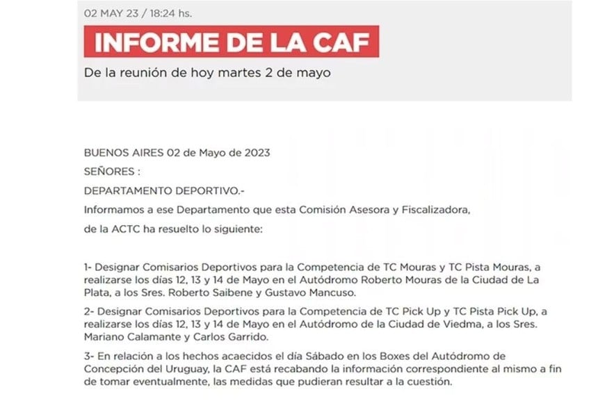 La resolución de la CAF sobre la supuesta agresión del piloto. Crédito: ACTC.