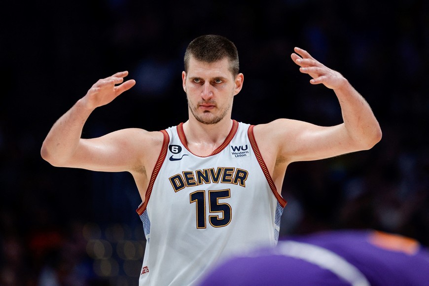 May 9, 2023; Denver, Colorado, USA; Denver Nuggets center Nikola Jokic (15) gestures in the third quarter against the Phoenix Suns during game five of the 2023 NBA playoffs at Ball Arena. Mandatory Credit: Isaiah J. Downing-USA TODAY Sports