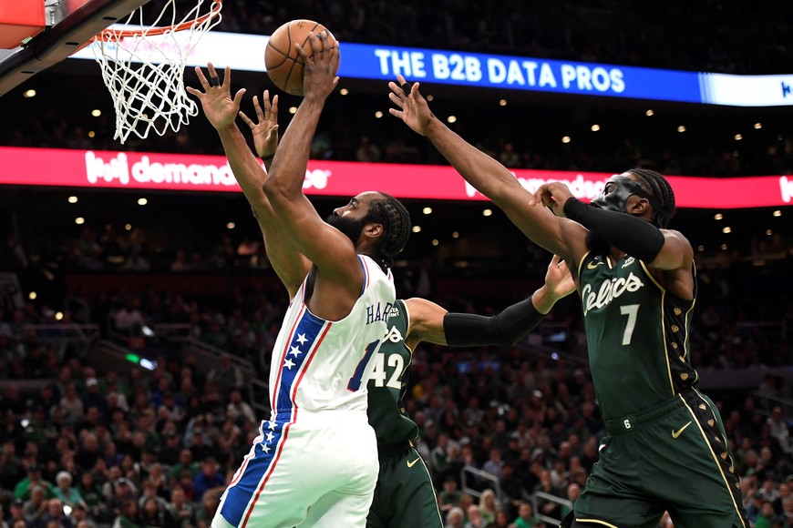 May 9, 2023; Boston, Massachusetts, USA; Philadelphia 76ers guard James Harden (1) drives to the basket past Boston Celtics guard Jaylen Brown (7) in the first half during game five of the 2023 NBA playoffs at TD Garden. Mandatory Credit: Bob DeChiara-USA TODAY Sports