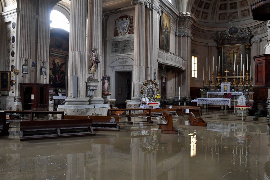 A church is flooded with water after heavy rains hit Italy's Emilia Romagna region, in Castel Bolognese, Italy, May 18, 2023. REUTERS/Jennifer Lorenzini