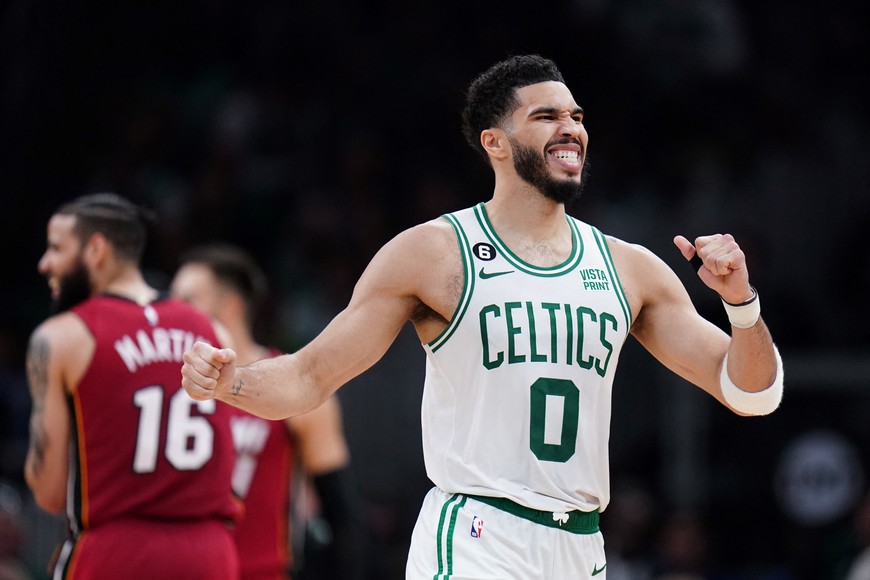 May 19, 2023; Boston, Massachusetts, USA; Boston Celtics forward Jayson Tatum (0) reacts after a play against the Miami Heat in the second half during game two of the Eastern Conference Finals for the 2023 NBA playoffs at TD Garden. Mandatory Credit: David Butler II-USA TODAY Sports