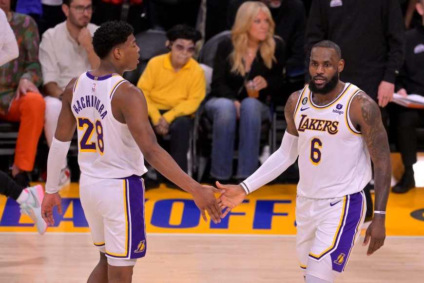 May 20, 2023; Los Angeles, California, USA; Los Angeles Lakers forward LeBron James (6) and forward Rui Hachimura (28) react in the fourth quarter during game three of the Western Conference Finals for the 2023 NBA playoffs at Crypto.com Arena. Mandatory Credit: Jayne Kamin-Oncea-USA TODAY Sports