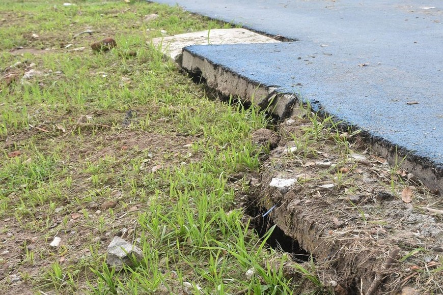 El conducto pluvial de escasas dimensiones que hace drenar el agua de la avenida Mar Argentino es el que produce el movimiento del suelo.   Foto: Guillermo Di Salvatore