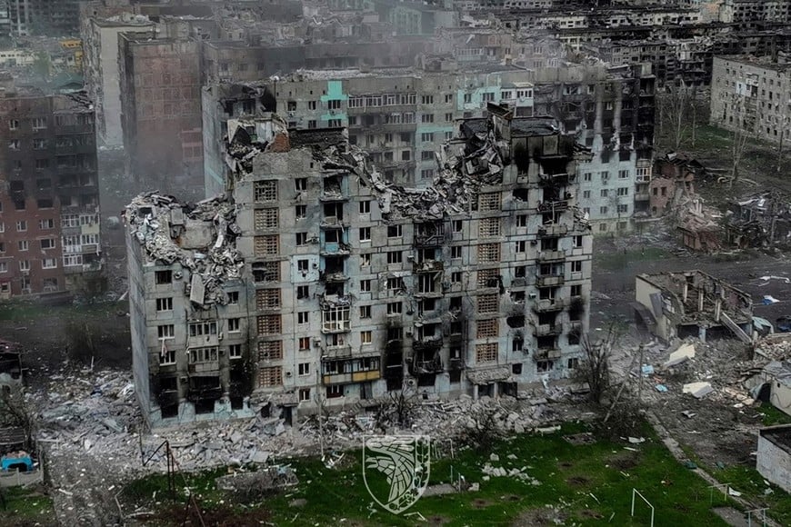 FILE PHOTO: An aerial view shows destructions in the frontline town of Bakhmut, amid Russia's attack on Ukraine, in Donetsk region, Ukraine, in this handout picture released on May 21, 2023. Press Service of the 93rd Kholodnyi Yar Separate Machanized Brigade of the Ukrainian Armed Forces/Handout via REUTERS ATTENTION EDITORS - THIS IMAGE HAS BEEN SUPPLIED BY A THIRD PARTY. DO NOT OBSCURE LOGO./File Photo