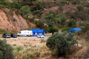 Vehicles and tents of Portugal's investigative Judicial Police are seen at the site of a remote reservoir where a new search for the body of Madeleine McCann is set to take place, in Silves, Portugal, in this screen grab from a video, May 22, 2023. REUTERS/Luis Ferreira