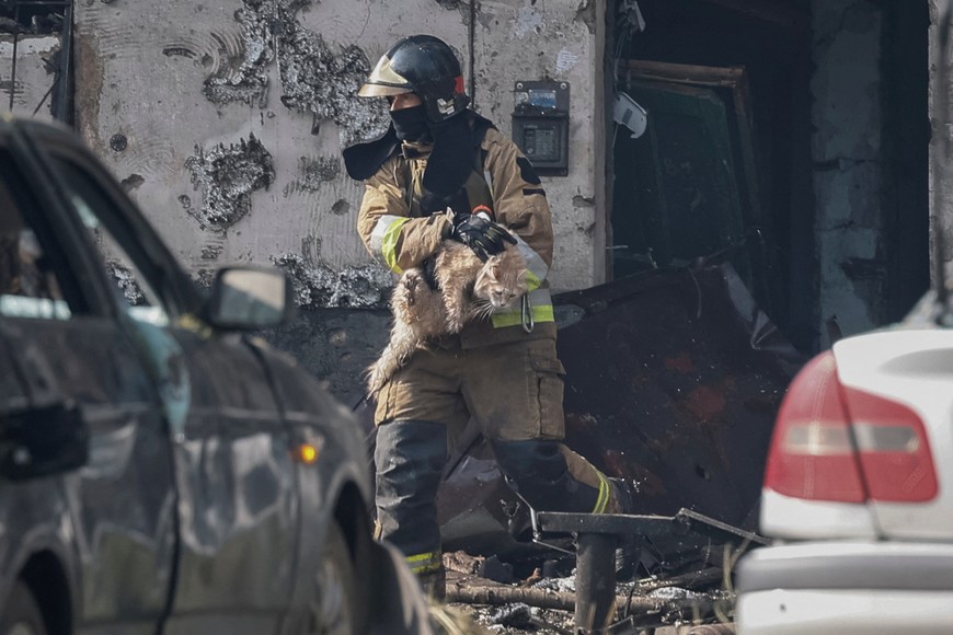 A rescuer carries a cat out from a residential building heavily damaged by a Russian missile strike, amid Russia's attack on Ukraine, in Kryvyi Rih, Dnipropetrovsk region, Ukraine June 13, 2023. REUTERS/Alina Smutko