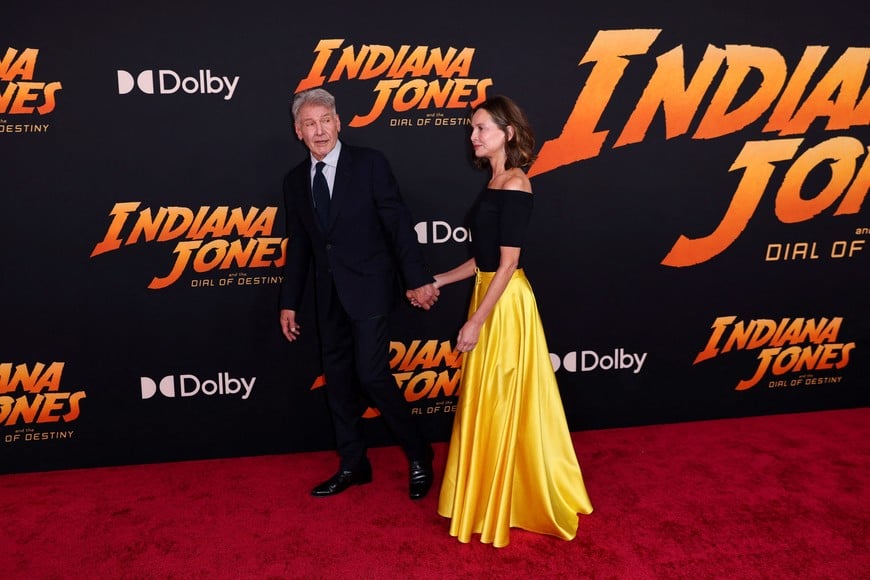 Cast member Harrison Ford and her wife Calista Flockhart attend the U.S. Premiere of Lucasfilm's "Indiana Jones and the Dial of Destiny" in Hollywood, Los Angeles, California, U.S., June 14, 2023. REUTERS/Mike Blake