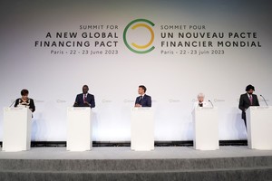 Kristalina Georgieva, Managing Director of the International Monetary Fund, William Ruto, President of Kenya, French President Emmanuel Macron, U.S. Treasury Secretary Janet Yellen and World Bank President Ajay Banga attend a joint press conference at the end of the New Global Financial Pact Summit, Friday, June 23, 2023 in Paris, France.  Lewis Joly/Pool via REUTERS