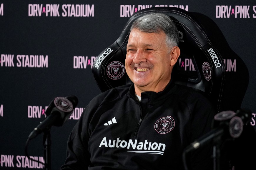 Jun 29, 2023; Miami, FL, USA; Inter Miami CF manager Gerardo “Tata” Martino speaks at a press conference at DRV PNK Stadium. Mandatory Credit: Rich Storry-USA TODAY Sports