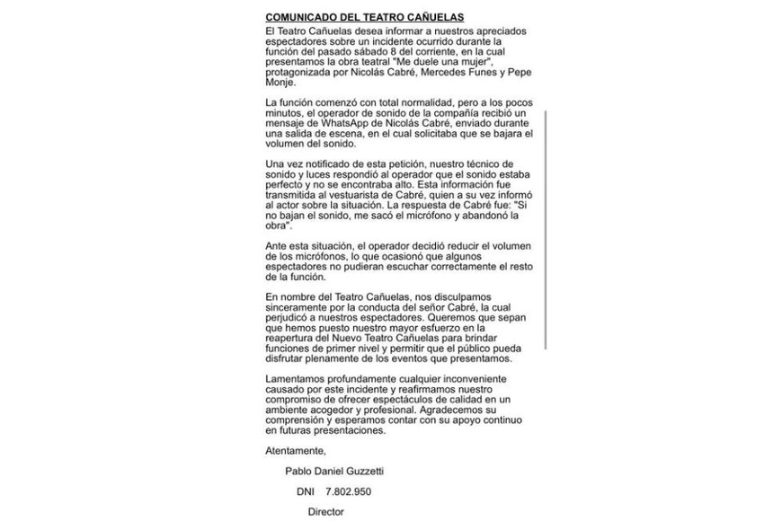 El comunicado del Teatro Cañuelas contra Nicolás Cabré.