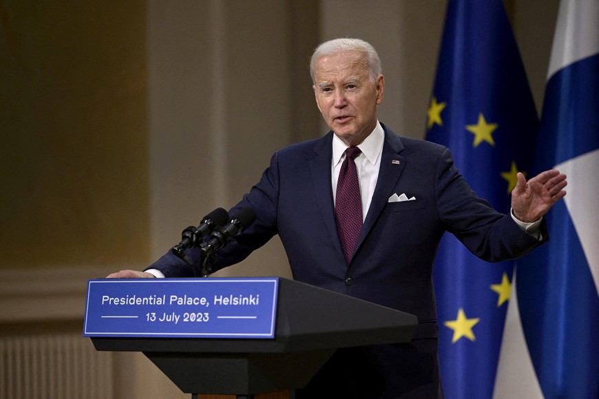 US President Joe Biden speaks during his joint press conference with Finnish President Sauli Niinisto (not pictured) at the Presidential Palace in Helsinki, Finland, July 13, 2023. Lehtikuva/Antti Aimo-Koivisto via REUTERS      ATTENTION EDITORS - THIS IMAGE WAS PROVIDED BY A THIRD PARTY. NO THIRD PARTY SALES. NOT FOR USE BY REUTERS THIRD PARTY DISTRIBUTORS. FINLAND OUT. NO COMMERCIAL OR EDITORIAL SALES IN FINLAND.