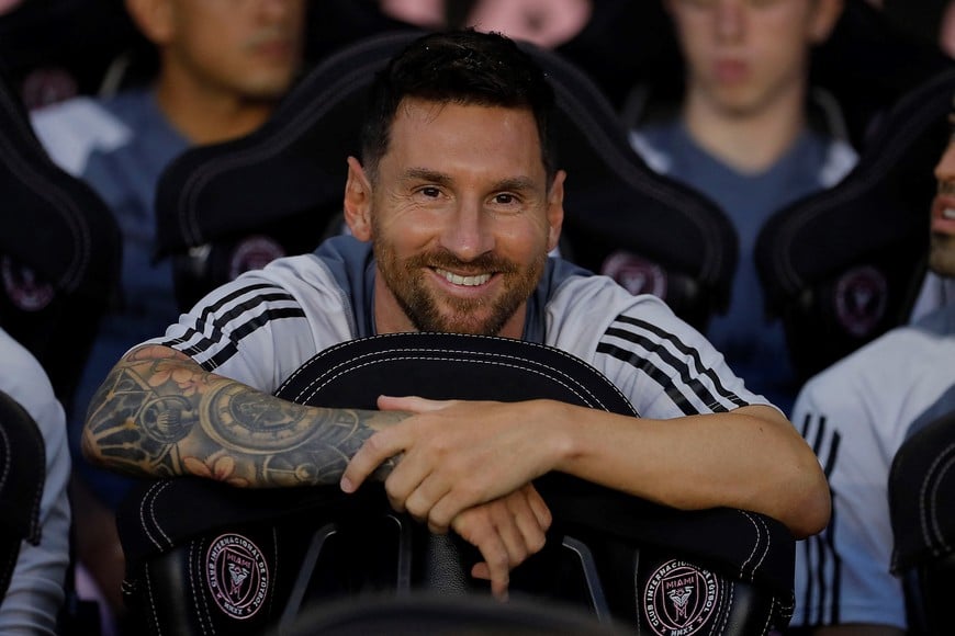 Jul 21, 2023; Fort Lauderdale, FL, USA; Inter Miami CF forward Lionel Messi (10) reacts before playing against Cruz Azul at DRV PNK Stadium. Mandatory Credit: Sam Navarro-USA TODAY Sports