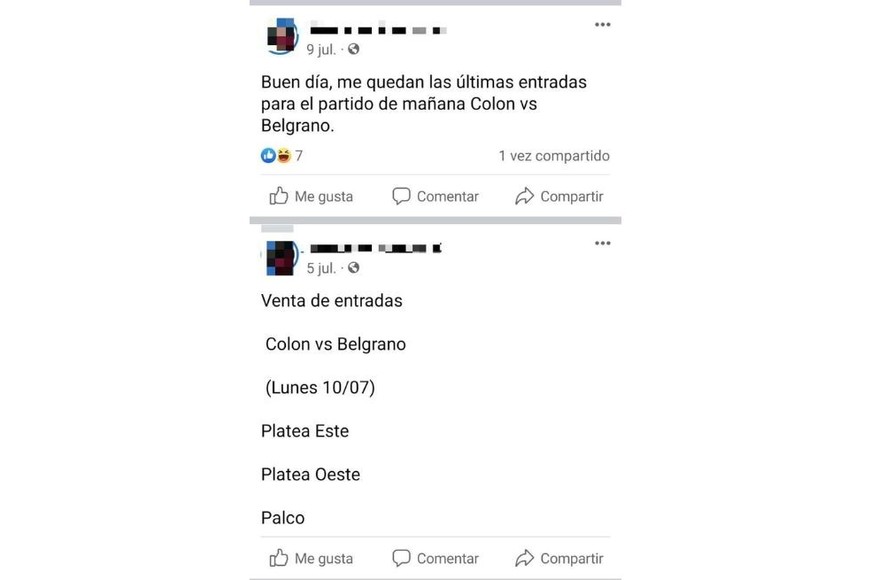 Publicaciones del perfil del barbero en Facebook, dónde ofrecía entradas para el partido de Colón contra Belgrano. Crédito: Captura de pantalla.