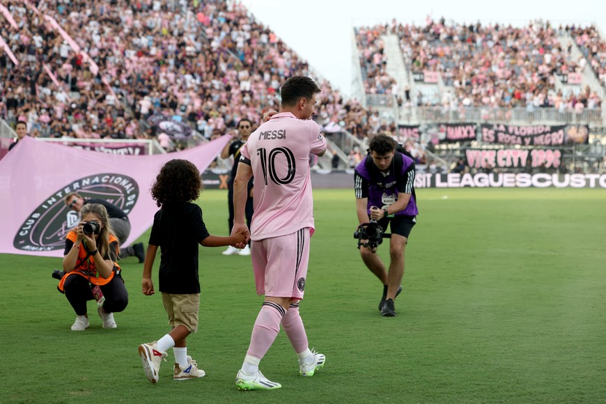 Jul 25, 2023; Fort Lauderdale, FL, USA; Inter Miami CF forward Lionel Messi (10) enters the field before the first half against Atlanta United at DRV PNK Stadium. Mandatory Credit: Nathan Ray Seebeck-USA TODAY Sports