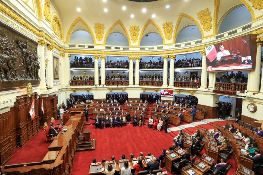 Peru's President Dina Boluarte delivers her address to the nation at the Legislative Palace, in Lima, Peru, July 28, 2023. Jhonel Rodriguez Robles/Peru Presidency/Handout via REUTERS THIS IMAGE HAS BEEN SUPPLIED BY A THIRD PARTY. NO RESALES. NO ARCHIVES