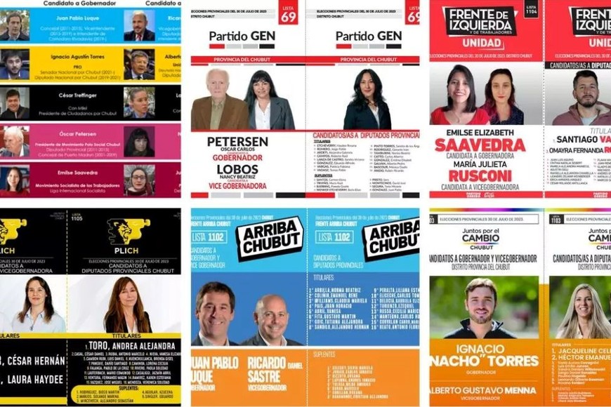 Las boletas de los cinco candidatos a la gobernación de Chubut.