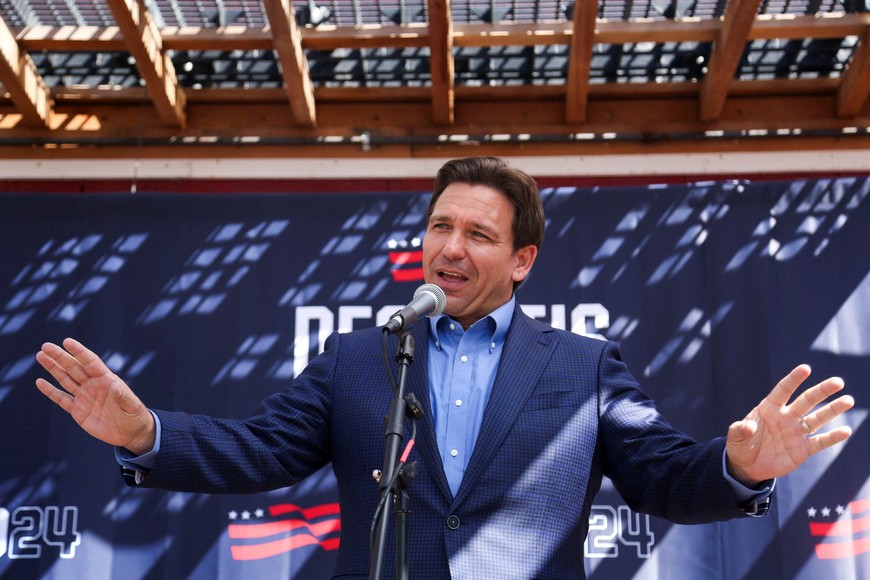 Florida Governor and Republican U.S. presidential candidate Ron DeSantis speaks during a barbecue hosted by former diplomat Scott Brown, as part of his "No B.S. Backyard BBQ" series, in Rye, New Hampshire, U.S. July 30, 2023.  REUTERS/Reba Saldanha