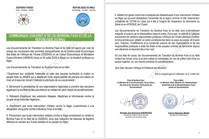 Comunicado en conjunto de Mali y Burkina Faso.