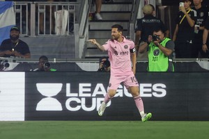 Aug 2, 2023; Fort Lauderdale, FL, USA; Inter Miami CF forward Lionel Messi (10) celebrates after scoring a goal against Orlando City SC during the first half at DRV PNK Stadium. Mandatory Credit: Nathan Ray Seebeck-USA TODAY Sports