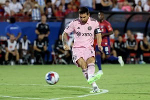 Aug 6, 2023; Frisco, TX, USA; Inter Miami CF forward Lionel Messi (10) scores during the first half against FC Dallas at Toyota Stadium. Mandatory Credit: Kevin Jairaj-USA TODAY Sports