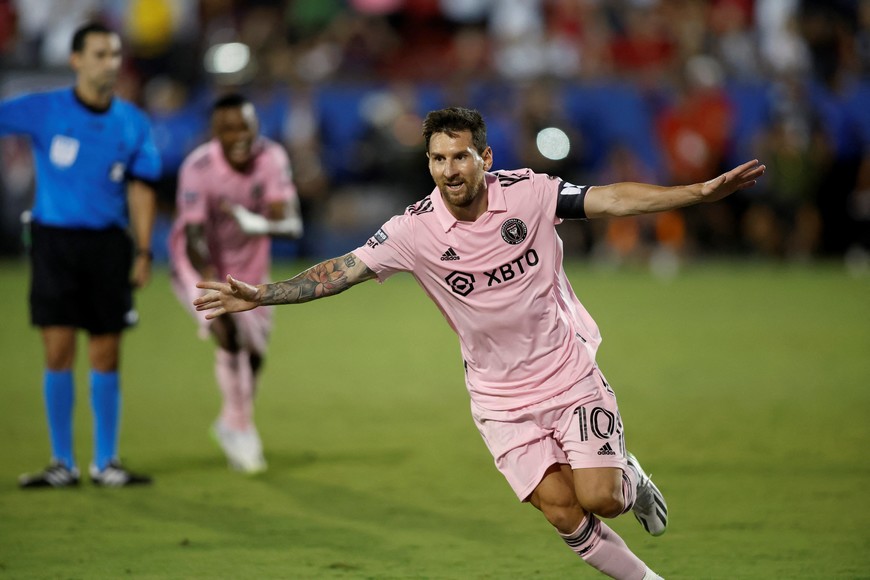 Aug 6, 2023; Frisco, TX, USA; Inter Miami CF forward Lionel Messi (10) reacts after scoring in the second half against FC Dallas at Toyota Stadium. Mandatory Credit: Tim Heitman-USA TODAY Sports