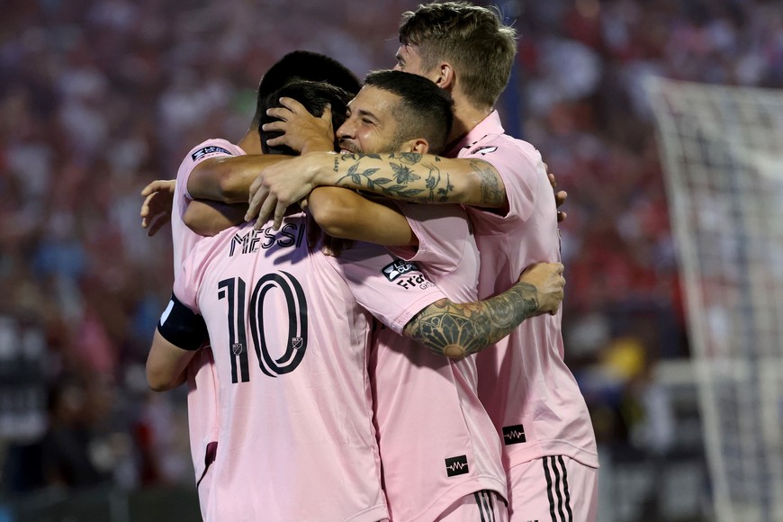 Aug 6, 2023; Frisco, TX, USA; Inter Miami CF forward Lionel Messi (10) celebrates with teammates after scoring in the first half against FC Dallas at Toyota Stadium. Mandatory Credit: Kevin Jairaj-USA TODAY Sports