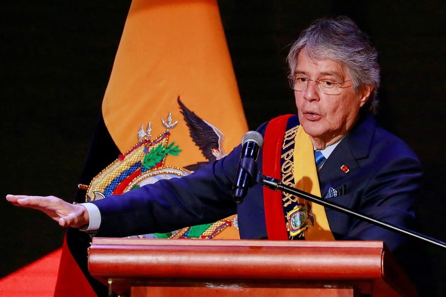 FILE PHOTO: Ecuador's President Guillermo Lasso gives his annual report to the nation, a week after dissolving the National Assembly and calling for early elections, in Quito, Ecuador, May 24, 2023. REUTERS/Karen Toro/File Photo