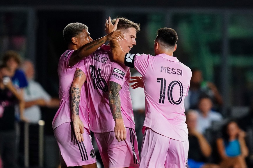 Aug 11, 2023; Fort Lauderdale, FL, USA; Inter Miami CF midfielder Robert Taylor (16) celebrates his goal with forward Josef Martinez (17) and forward Lionel Messi (10) in the first half against Charlotte FC at DRV PNK Stadium. Mandatory Credit: John David Mercer-USA TODAY Sports