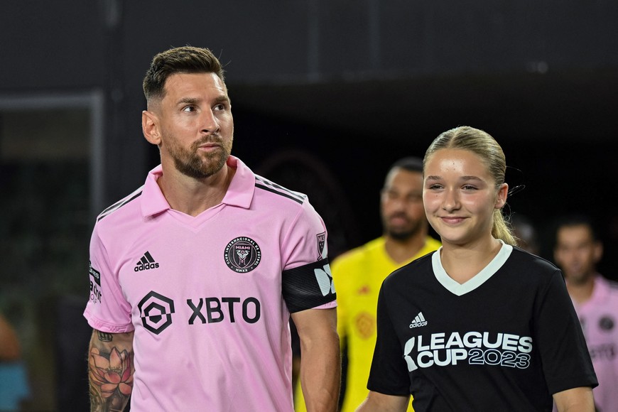 Aug 11, 2023; Fort Lauderdale, FL, USA; Inter Miami CF forward Lionel Messi (10) walks out during player introductions before the match against Charlotte FC at DRV PNK Stadium. Mandatory Credit: Jeremy Reper-USA TODAY Sports