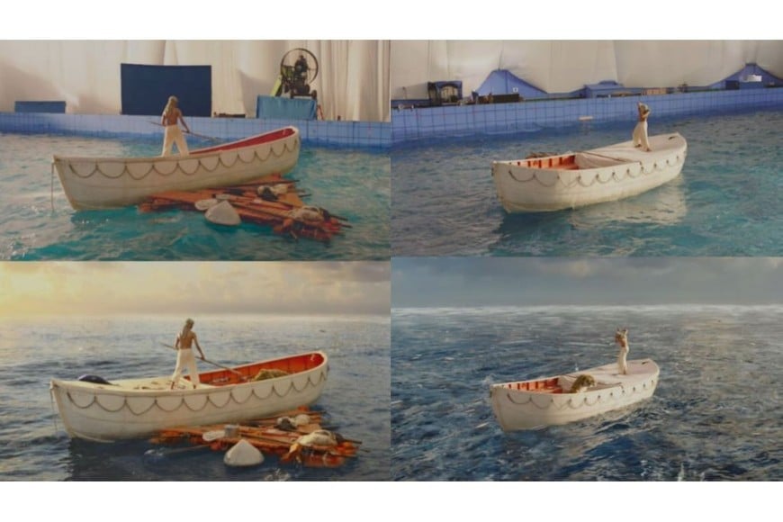 Alina Añón, artista plástica nacida en Santa Fe: dos tomas del actor Suraj Sharma, protagonista de “Una vida extraordinaria”, rodando en la piscina del estudio; posteriormente se agregaron el tigre y los cielos pintados por Alina, que luego fueron reflejados en un mar ampliado.