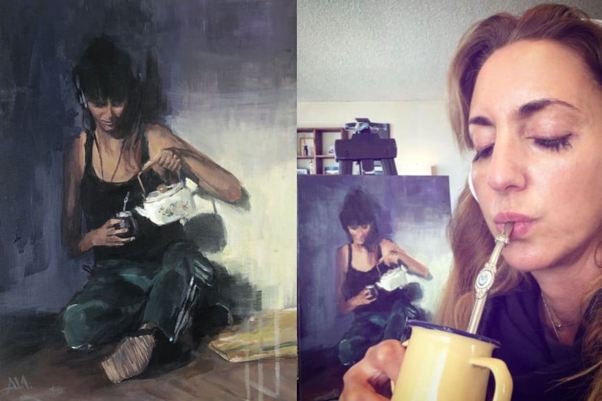 Alina Añón, artista plástica nacida en Santa Fe: “Cebame un mate”, retrato de su amiga de infancia, Laura “Lola” Felizar; el cuadro en proceso, con Alina tomando su propio mate.